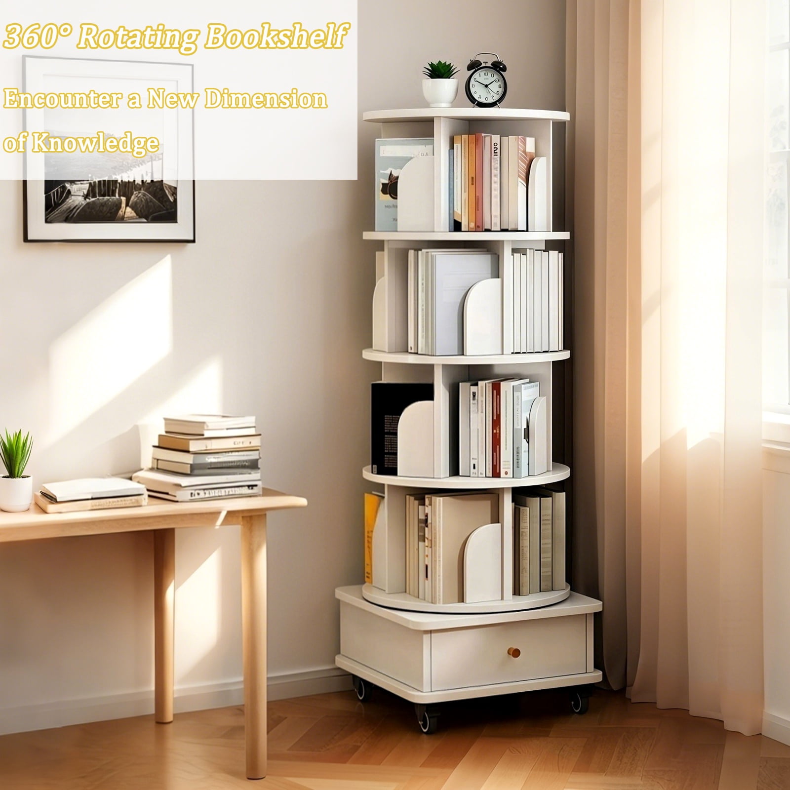 Paproos 5 Tier Rotating Bookshelf, 360° Display Wood Spinning Bookshelf Tower with Wheels and Bottom Drawer, Small Rotating Bookcase, Corner Book Shelf for Home Office, Bedroom, Warm White