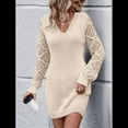 thumbnail image 4 of Women'S Mini Fitted Crochet Hollow-Out Sweater Sexy- Dress Dressy Casual Long Sleeve V Neck Knit Dresses Beige S, 4 of 8