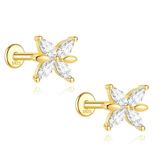 Butterfly CZ Flat Back Earrings for Cartilage Helix Tragus Lobe 16g Gold Plated Sterling Silver 1 pair by Ginger Lyne