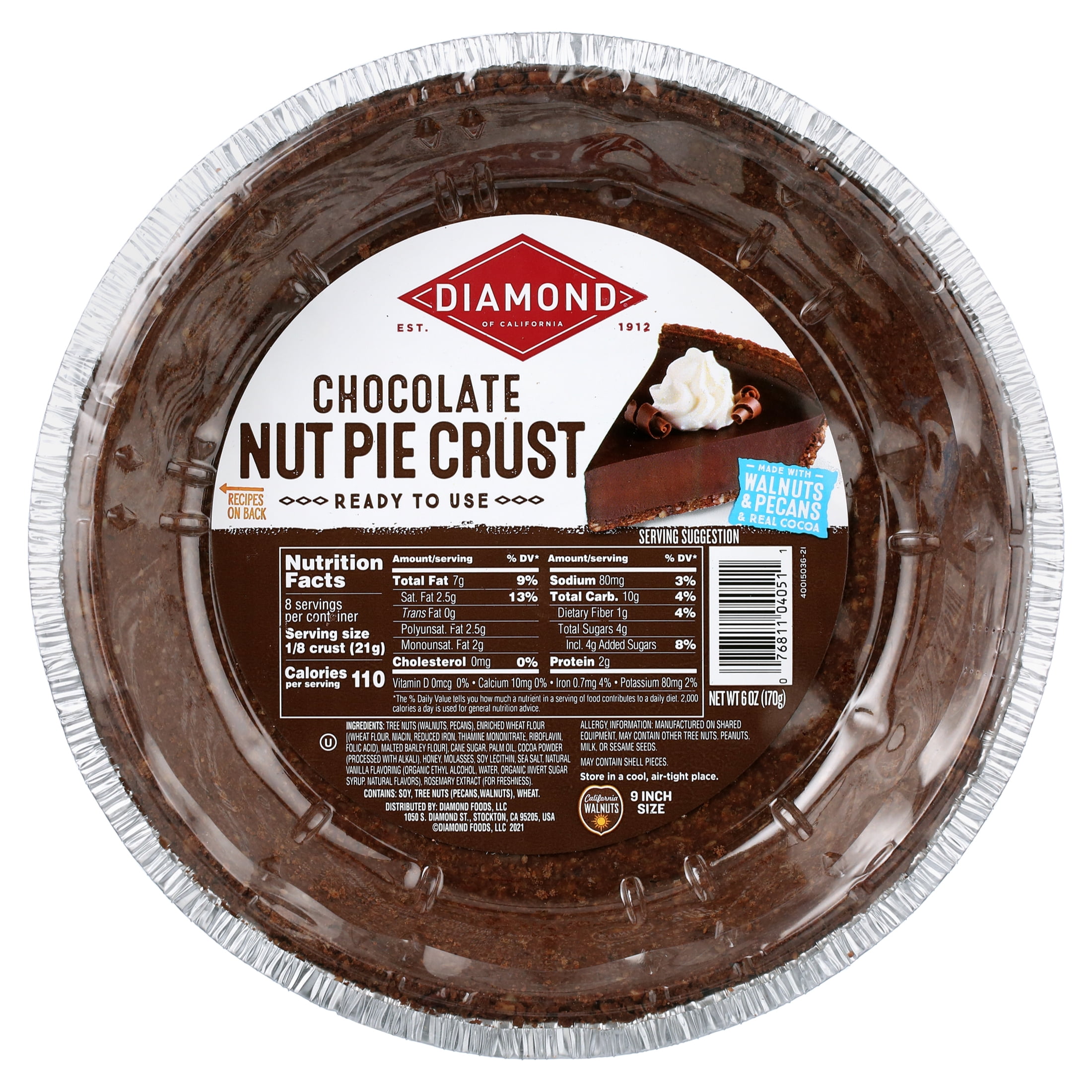 (4 pack) Diamond of California Whole Chocolate Nut Pie Crust, Vegetarian, 6 oz, Aluminum Tray