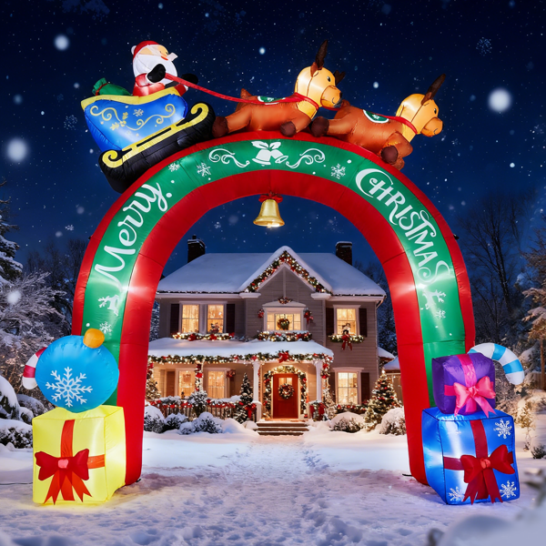 Giant Christmas Inflatable Archway, 9 Warm White LEDs, Santa Sleigh & Reindeer Design, Weatherproof Polyester, for Yard, Garden, Indoor
