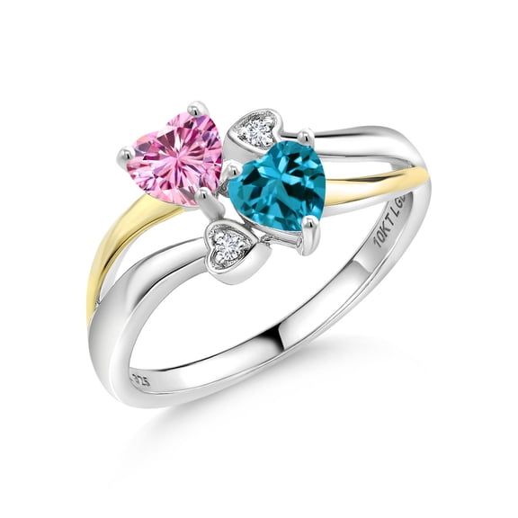 Gem Stone King 925 Silver and 10K Yellow Gold Pink Moissanite and London Blue Topaz and White Lab Grown Diamond Ring for Women (1.07 Cttw, Gemstone, Heart Shape 5MM, Size 5)