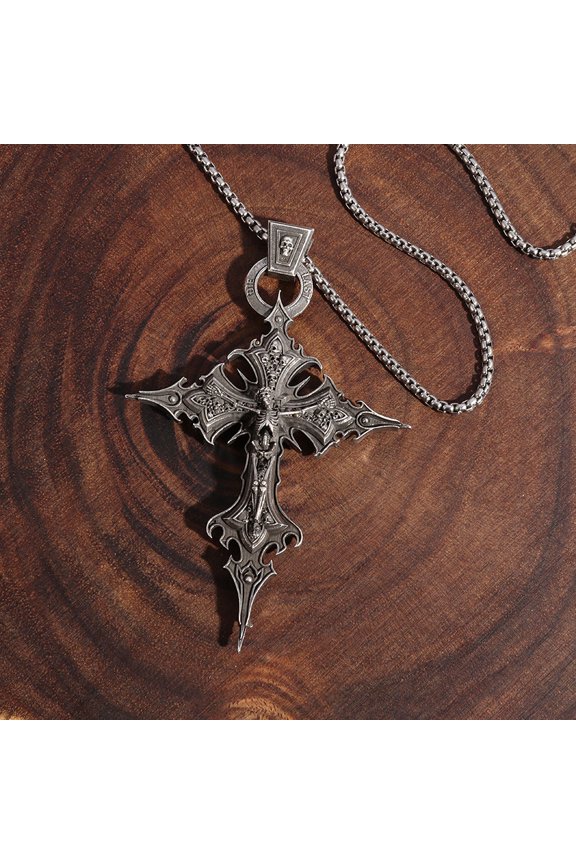 Gothic Crucifixion Skull Cross Pendant Necklace Catholic Prayer Jewelry for Men and Women Punk Trendy Jewelry (Silver)