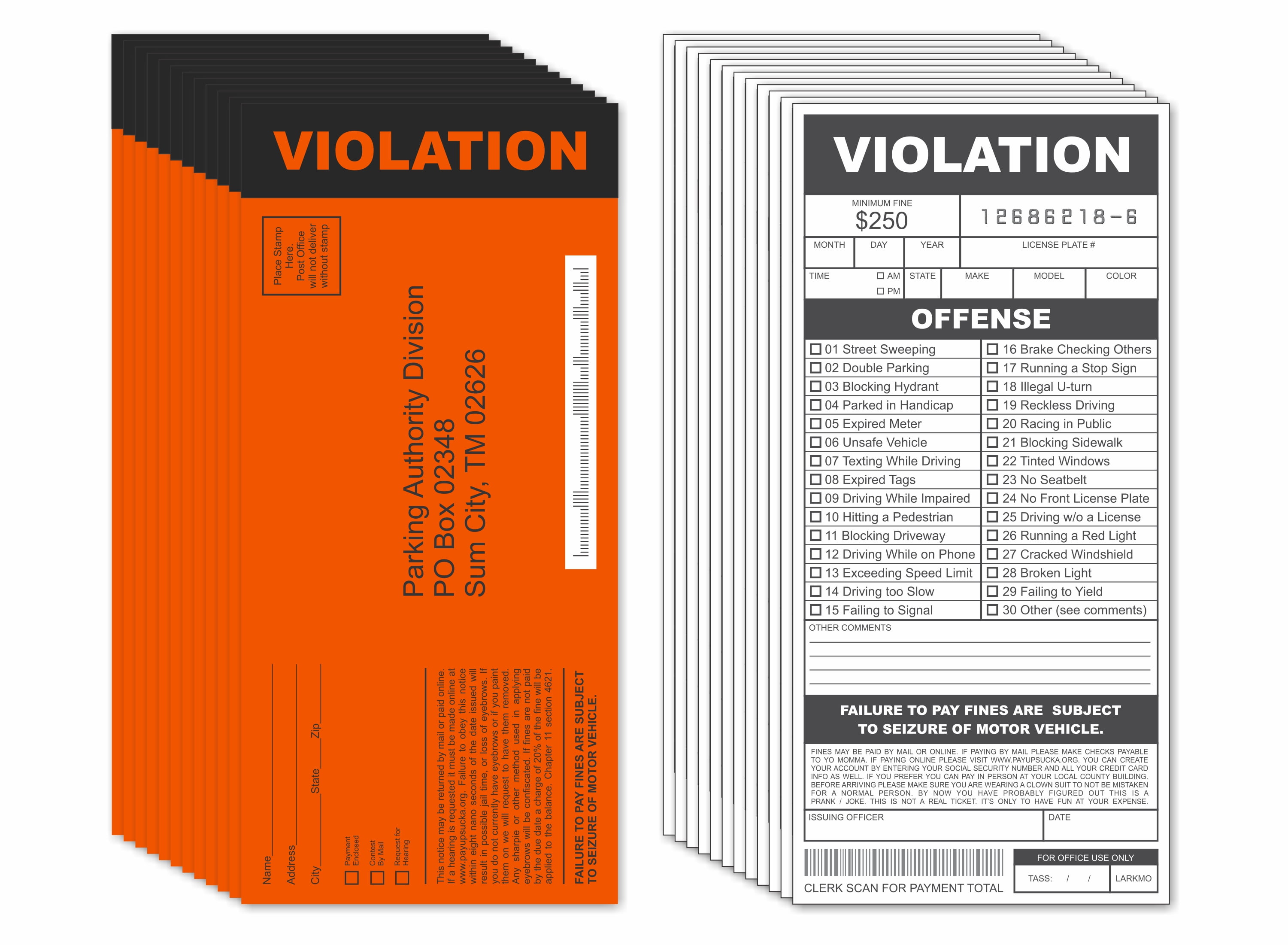 5 x Fake Joke Prank Parking Tickets with 5 Genuine Penalty Charge Envelopes 