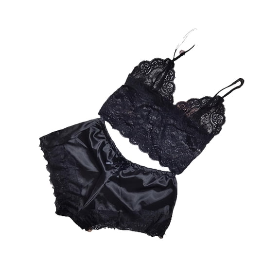 SwiftWear Women's Black/Pink/Green Lace Satin Pajama Set - V-Neck Cami with Floral Appliqués & Bow Tie Silk Shorts Pajamas Set