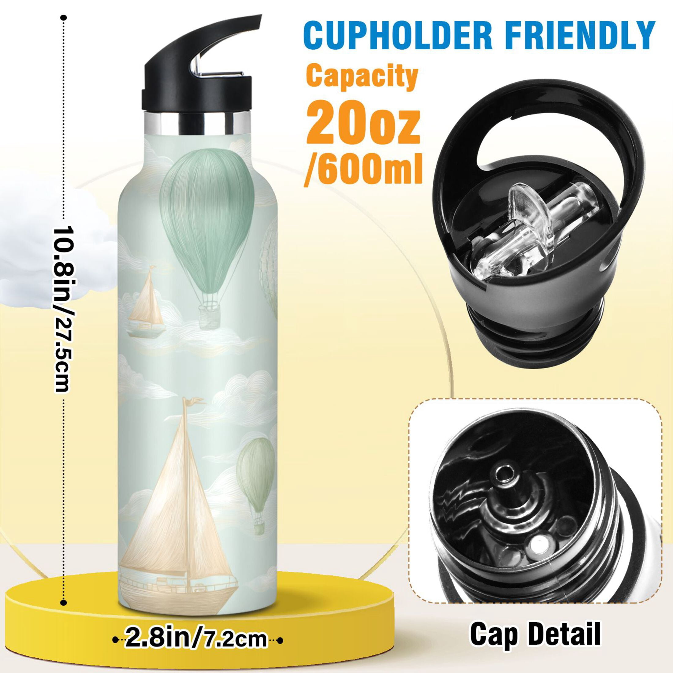 Kids Insulated Stainless Steel Sports Water Bottle 600ml (20oz) Balloon and Sailboat