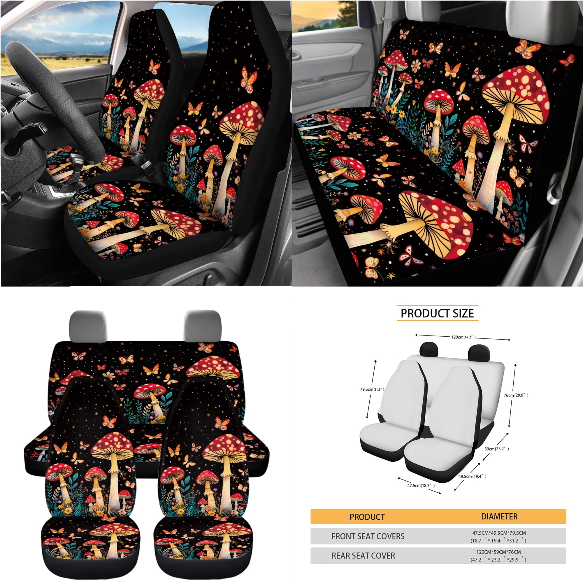 Yuyamidu Aesthetic Mushroom Car Seat Cover Set with Steering Wheel Cover Safe Belt Pads Cup Holder Rear View Mirror Cover Keychain Butterfly Gabage Bin Auto Cup Mat Air Vent Storage Bag 15 Pack