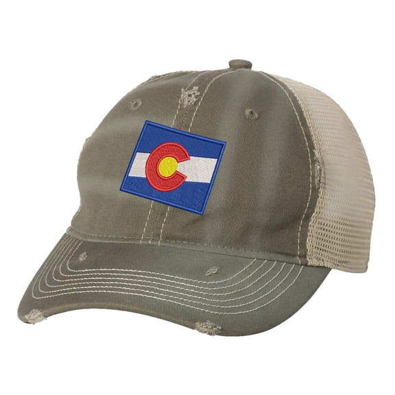 Distressed Colorado Trucker Hat - Vintage State Flag Patriotic Mesh Strapback Cap - Centennial State (Olive)