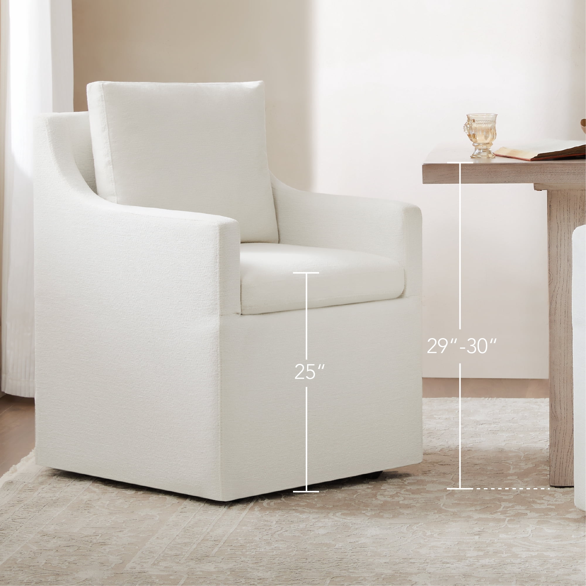 Spruce & Spring Anywhere Multipurpose Armchair with Hidden Casters, Slipcovered Cotton-Blend Dining Chair, Ivory
