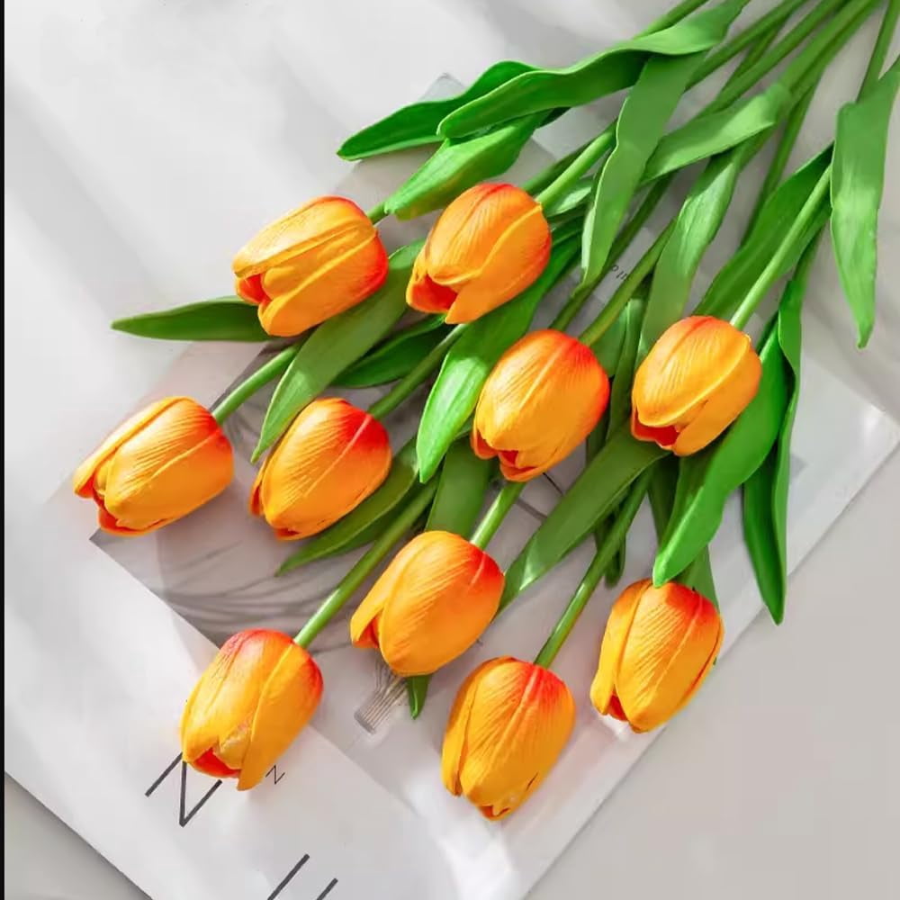 10pcs White Faux Silk Tulips Flowers Fake Flowers Bouquets 13.5" Mother's Day Easter Valentine’S Day Gifts in Home Kitchen Wedding Dining Table Decorations Aesthetic No Odor