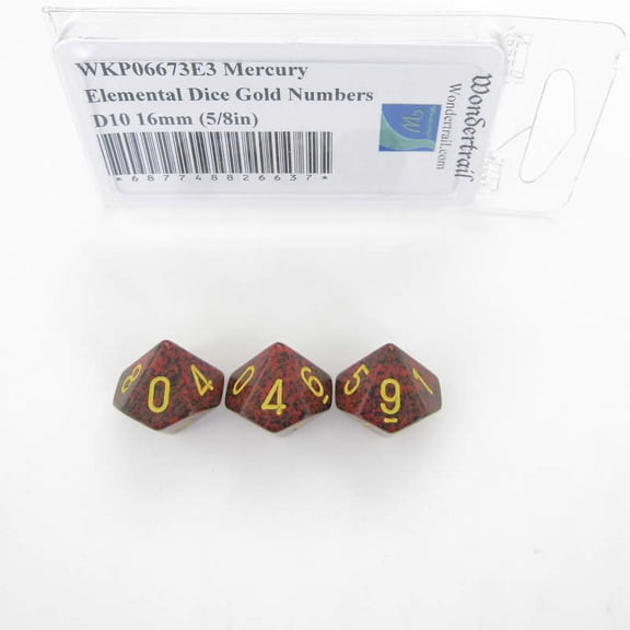 Mercury Elemental Dice with Gold Numbers D10 16mm (5/8in) Pack of 3 Wondertrail