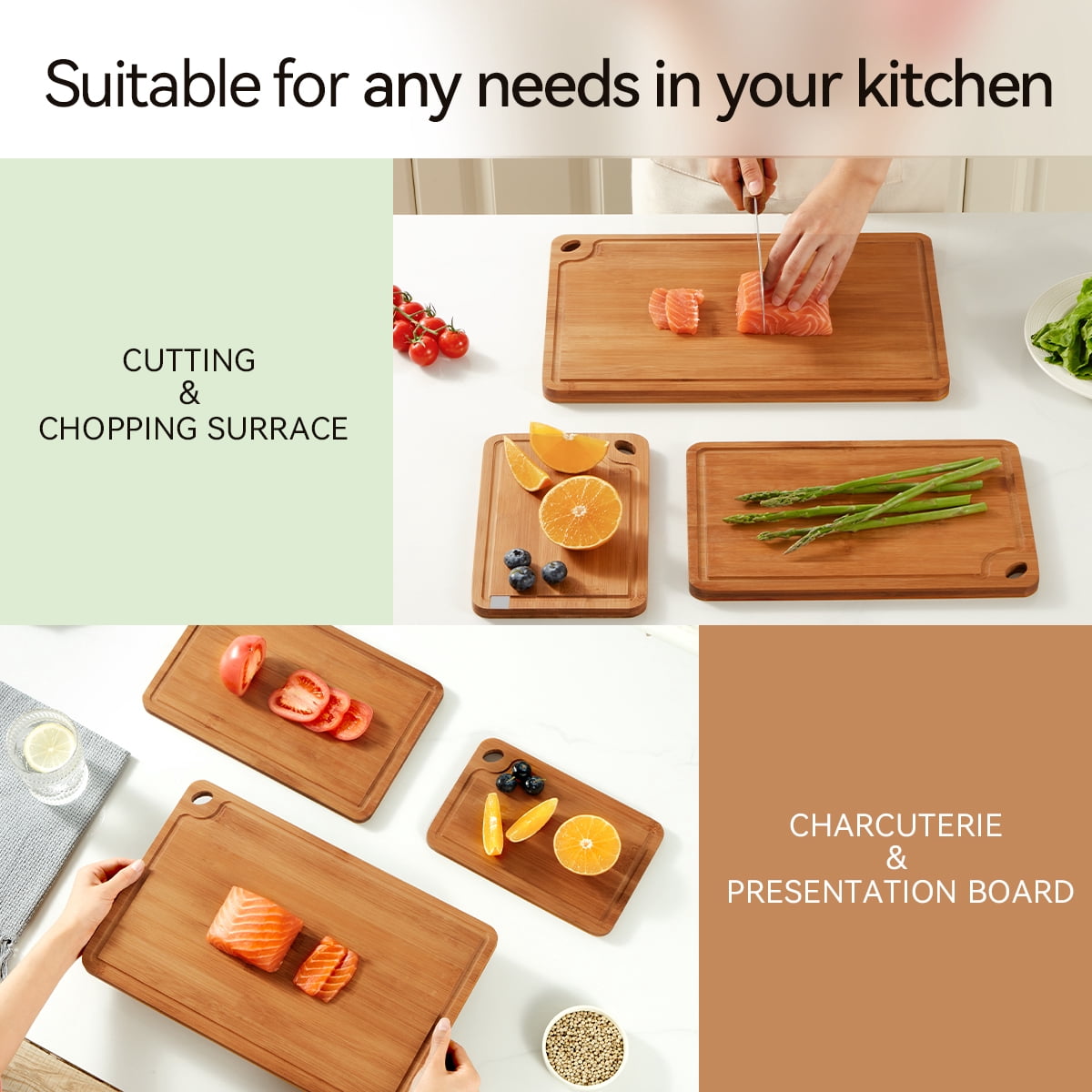 Bamboo Cutting Board Set, 3 Piece Kitchen Boards with Deep Grooves, Double-Sided Design, Hanging Holes, Large 15x10, Medium 12x8, Small 9x6 Inches