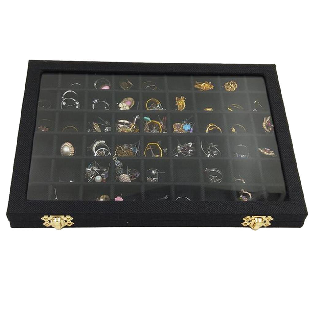 54 Grids Jewelry Tray Case Velvet Display Box Holder Storage Organizer - Black