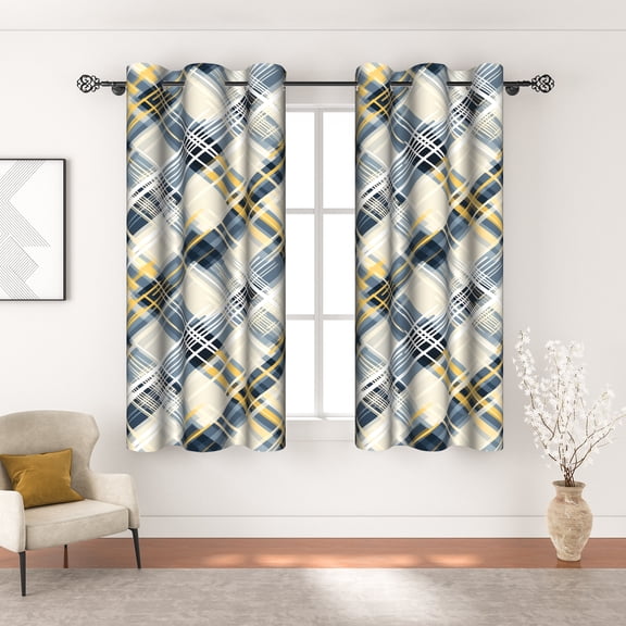 MIZHONA Blue and Beige Blackout Curtains for Living Room Checkered Window Curtain Set of 2,42"x63"