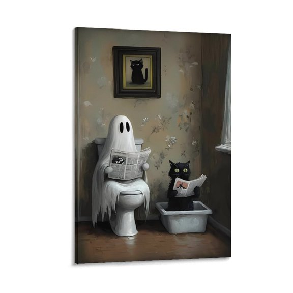 Vintage Halloween Spooky Ghost On A Swing Artwork, Farmhouse Painting Picuture Canvas Print, Funny Cozy Autumn Vibes Haunted House Home Office Holiday Decor