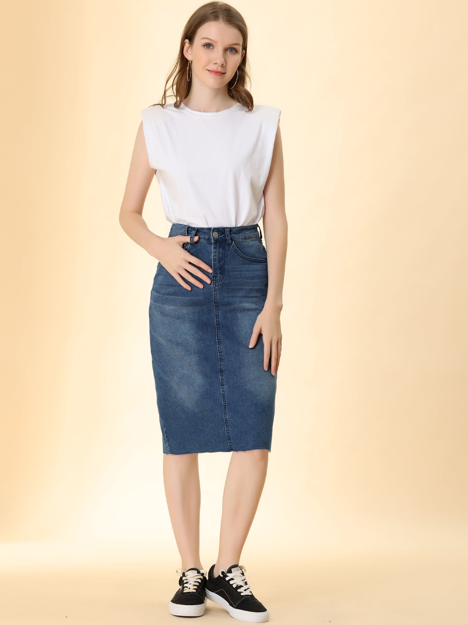 DARING DIVA Women's Jean Back Vent Midi Length Denim Skirts 3XL M-Blue