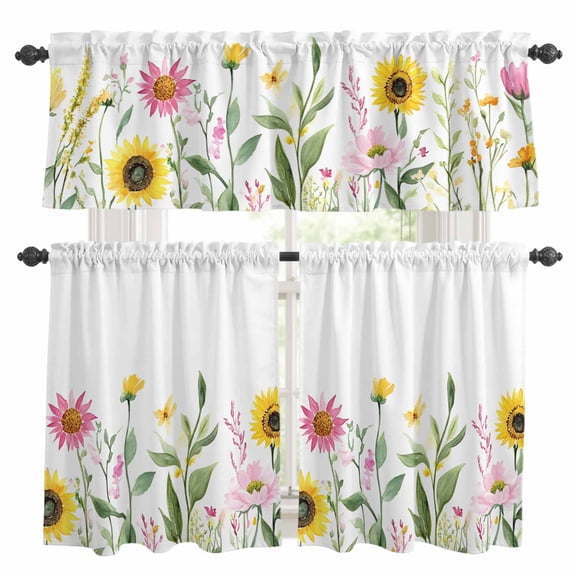 3 Piece Pastoral Sunflower Kitchen Curtain Valance and Tiers Set Farmhouse Flowers Leaves Plants Rod Pocket Tier Curtain 24 Inch Small Window Drapes for Living Room Bedroom Cafe Home Decor