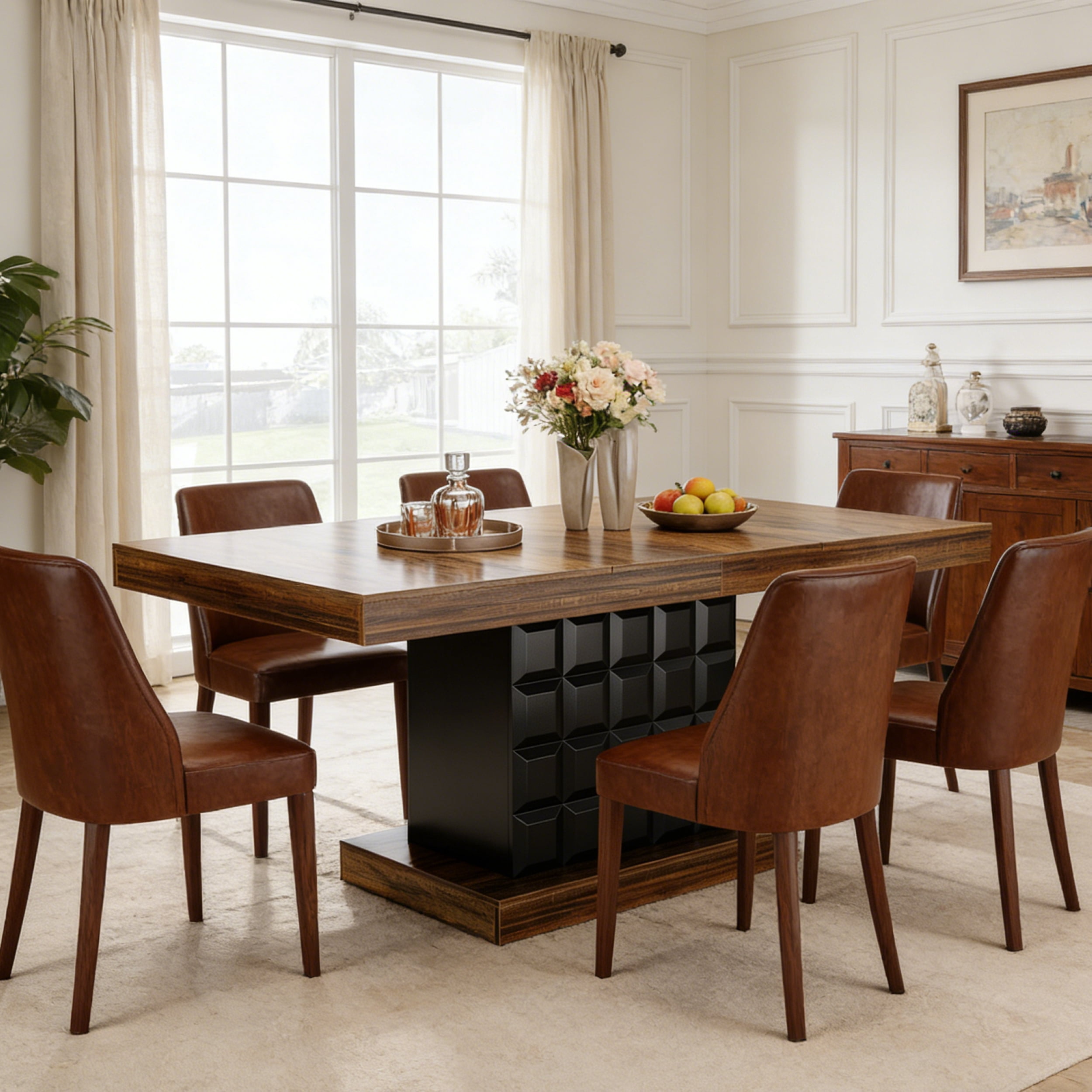 Fnova 63" Farmhouse Dining Table for 4-6 People, Wooden Rectangular Kitchen Table with Geometric Relief Pedestal Base, Easy to Assemble