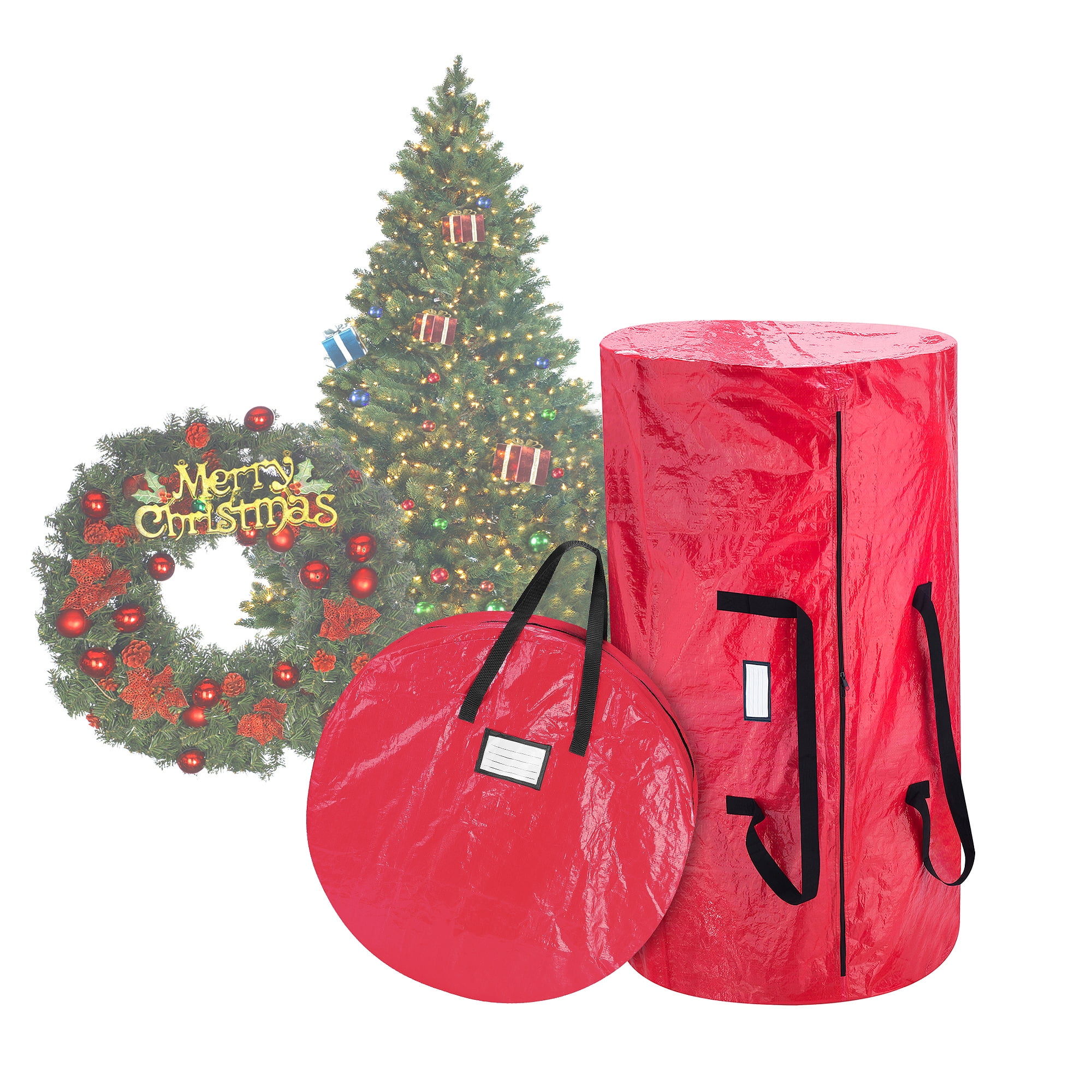 Nick ID Pocket 4 FT Christmas Tree Storage Bag Handles Zipper Red Canvas St 