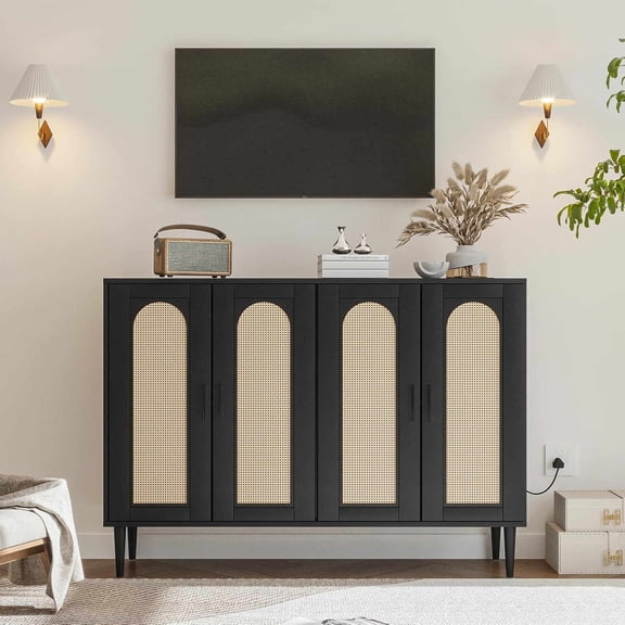 Sideboard Buffet Cabinet, 4 Rattan Doors Accent Storage Cabinet, Console Table Coffee Bar with Power Outlet, Adjustable Shelves for Dining Room, Kitchen, Hallway, Living Room
