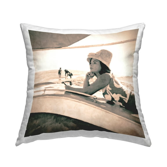 Stupell Industries Vintage Girl on Beach Decorative Printed Throw Pillow Design by GraffiTee Studios