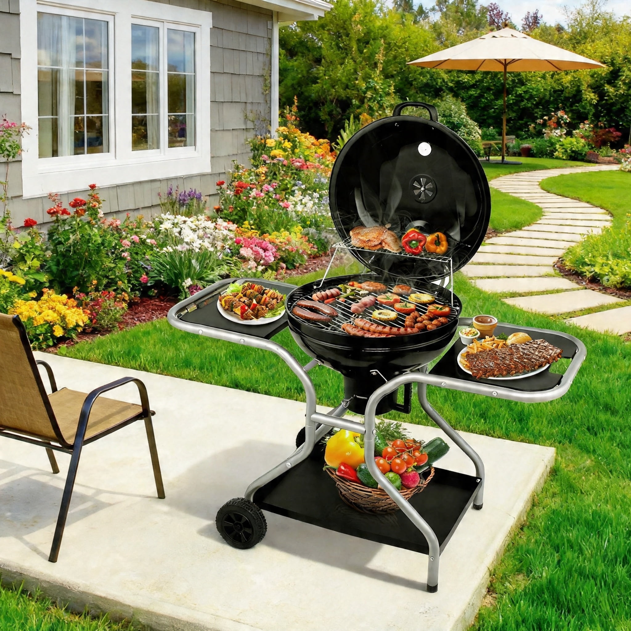 LODZPK Portable Kettle Charcoal Grill with 2 Side Tables, Storage Shelf & Upgraded Ash Catcher, Outdoor BBQ with Thermometer & Air Vents (Wheels Included)