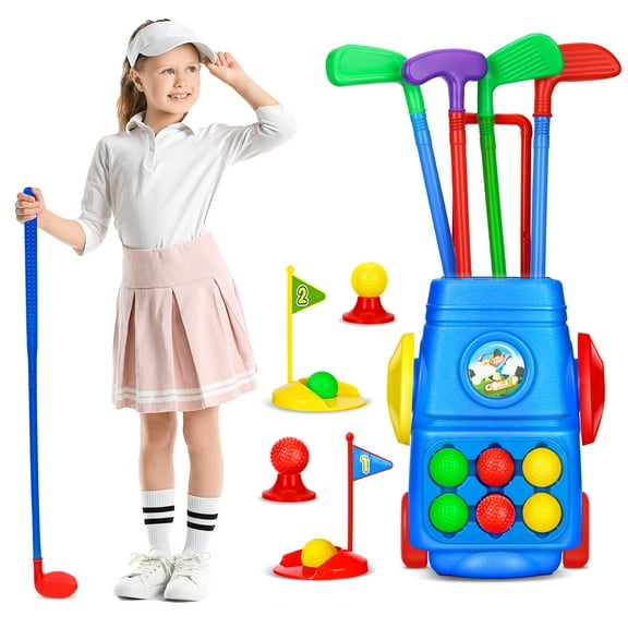 AOKESI Kids Golf Toy Set, Toddler Golf Club Game Play Set with 4 Golf Sticks, 6 Balls, 2 Practice Holes, Indoor Outdoor Exercise Golf Sports Kit for Boys Girls, Age 3 