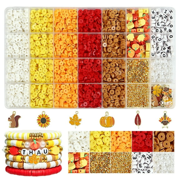 Monebena 28 Pattern Fall Bracelets Beads Kit, Thanksgiving Fall Beads for Jewelry Making Autumn Maple Leaf Pumpkin Clay Beads Pearl Beads Star Round Loose Spacer Beads for Necklace DIY Craft M01