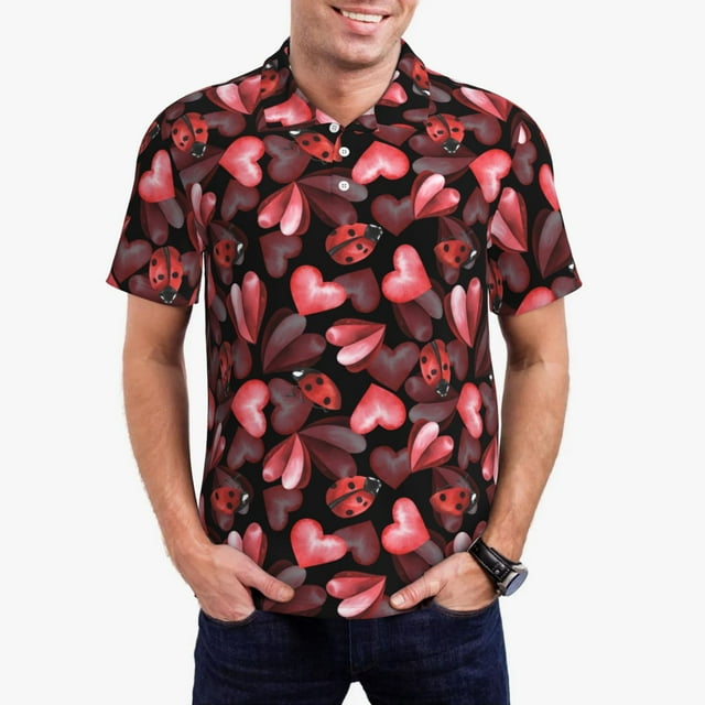 Saiise Polo de Golf pour Hommes à Imprimé Coccinelles et Cœurs Rouges, Évacuation de l'Humidité, Séchage Rapide, Polo de Performance à Imprimé pour Hommes-4X-Grand