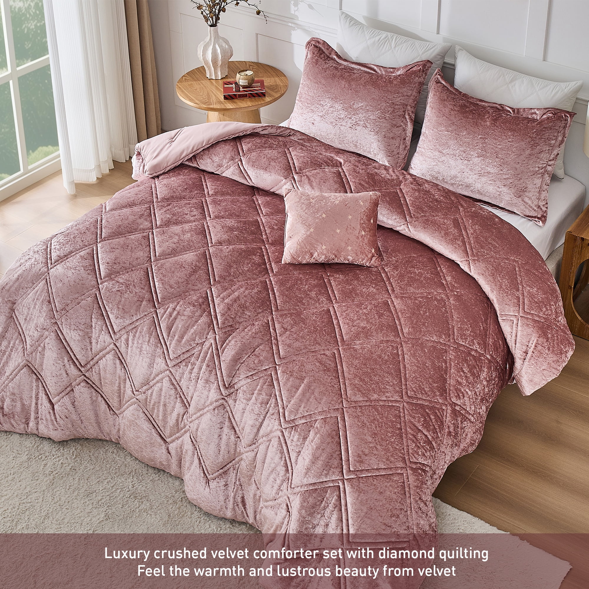 Regency Heights Twin/Twin XL Size Comforter Sets, Velvet Bedding Comforter Set for All Seasons, Blush Bedding Set with Decor Pillow, 4-Piece
