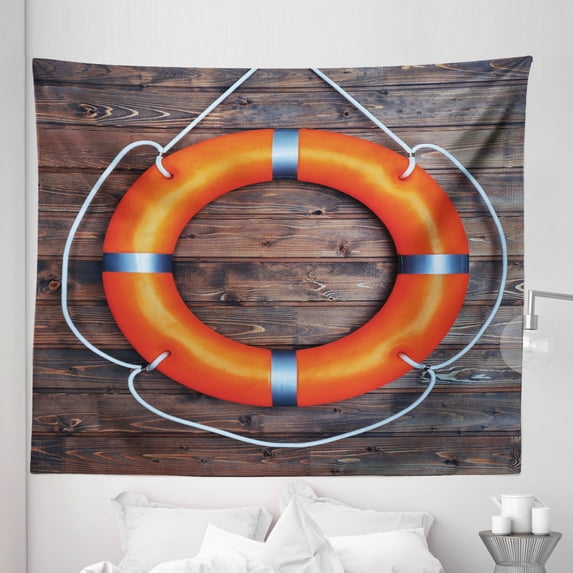 Nautical Tapestry, The Wooden Wall Safety Emergency Rescue Equipment, Fabric Wall Hanging Decor for Bedroom Living Room Dorm, 5 Sizes, Orange Grey Brown, by Ambesonne