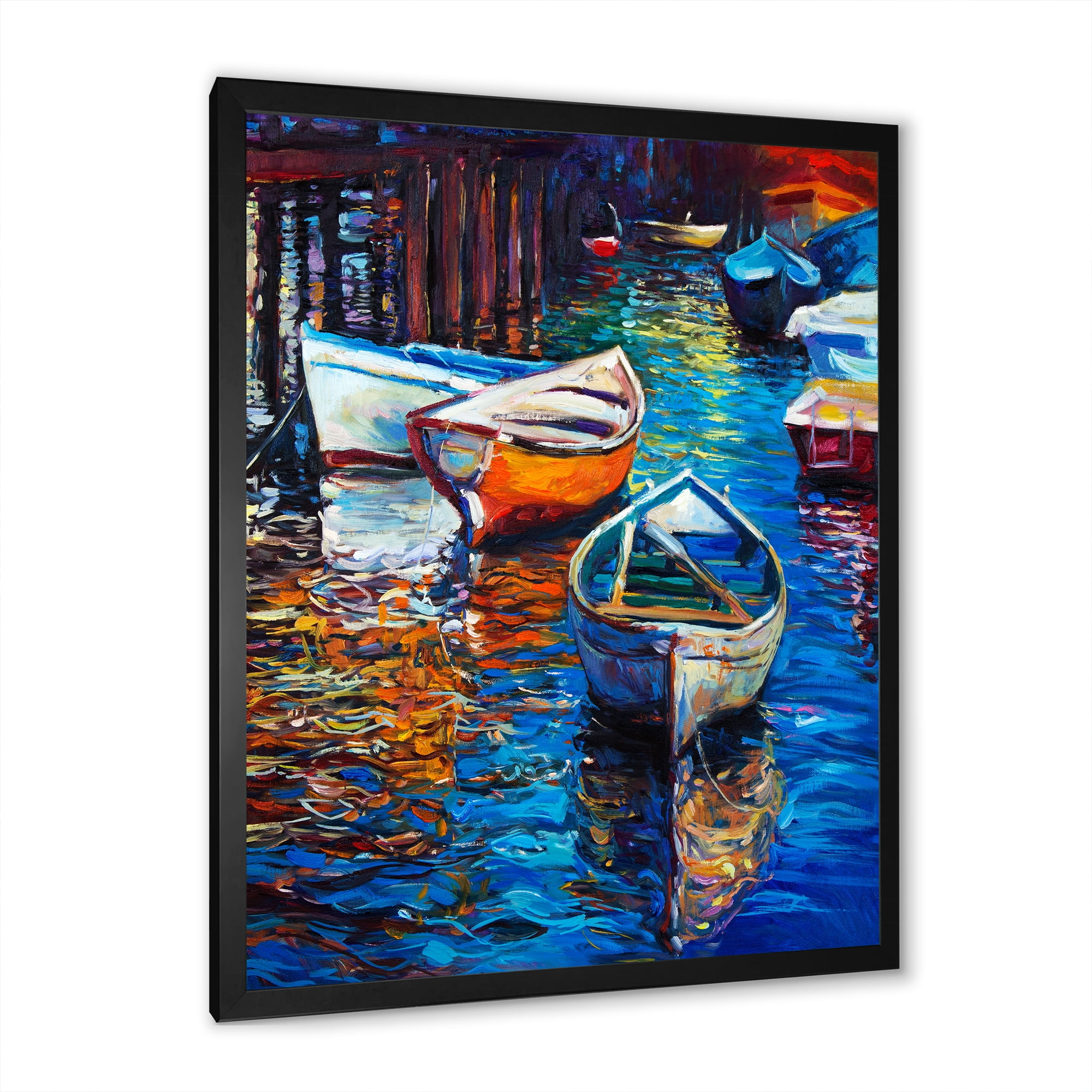 Boats During Warm Sunset Resting On The Water X 30 in x 40 in Framed Painting Canvas Art Print, by Designart
