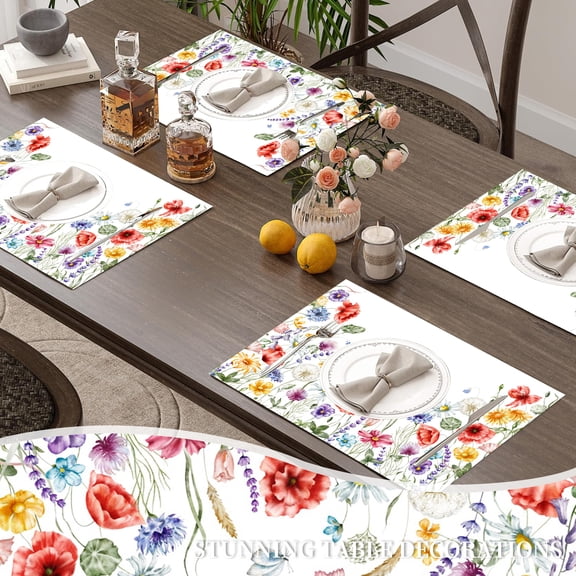 MIZHONA Spring Floral Placemats Set of 4,Flowers with Butterfly Table Mats 12"W x 18"L