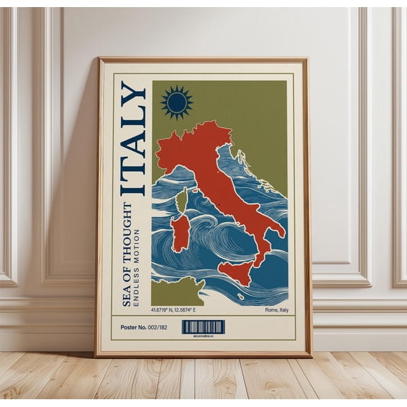 Italy Map Poster Travel Wall Art Print Mediterranean Coast Illustration Retro Country Map