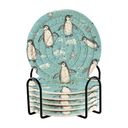 

WOBOGO Penguin Starfish Figure Coil Coasters Set of 6 Minimalist Cotton Woven 3.94 inch Non-Slip Insulated and Absorbent Home Accessories.