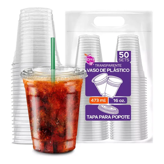 50 Vasos de Plástico de 16 oz (473 ml) con Tapa Plana, Perfecta para Popotes,Transparentes Best Trading VTP16-1