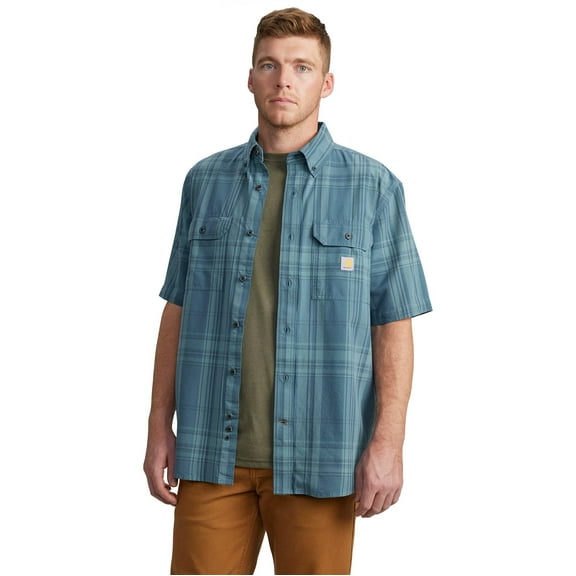 Carhartt Men's Loose Fit Midweight Short-Sleeve Plaid Shirt, Storm Blue, Medium