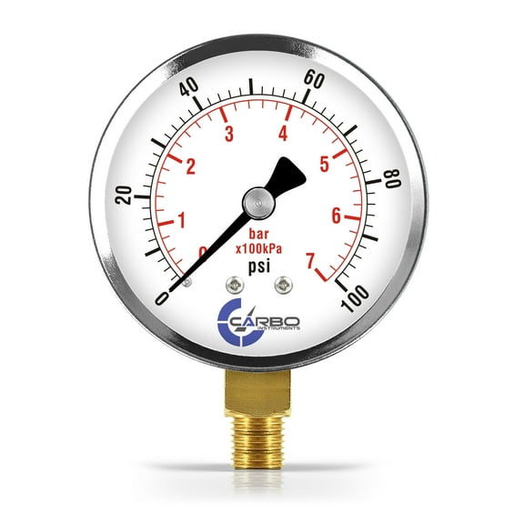 CARBO Instruments 2- 1/2" Pressure Gauge, Chrome Plated Steel Case, Dry, 0-100 psi/kPa, Lower Mount 1/4" NPT