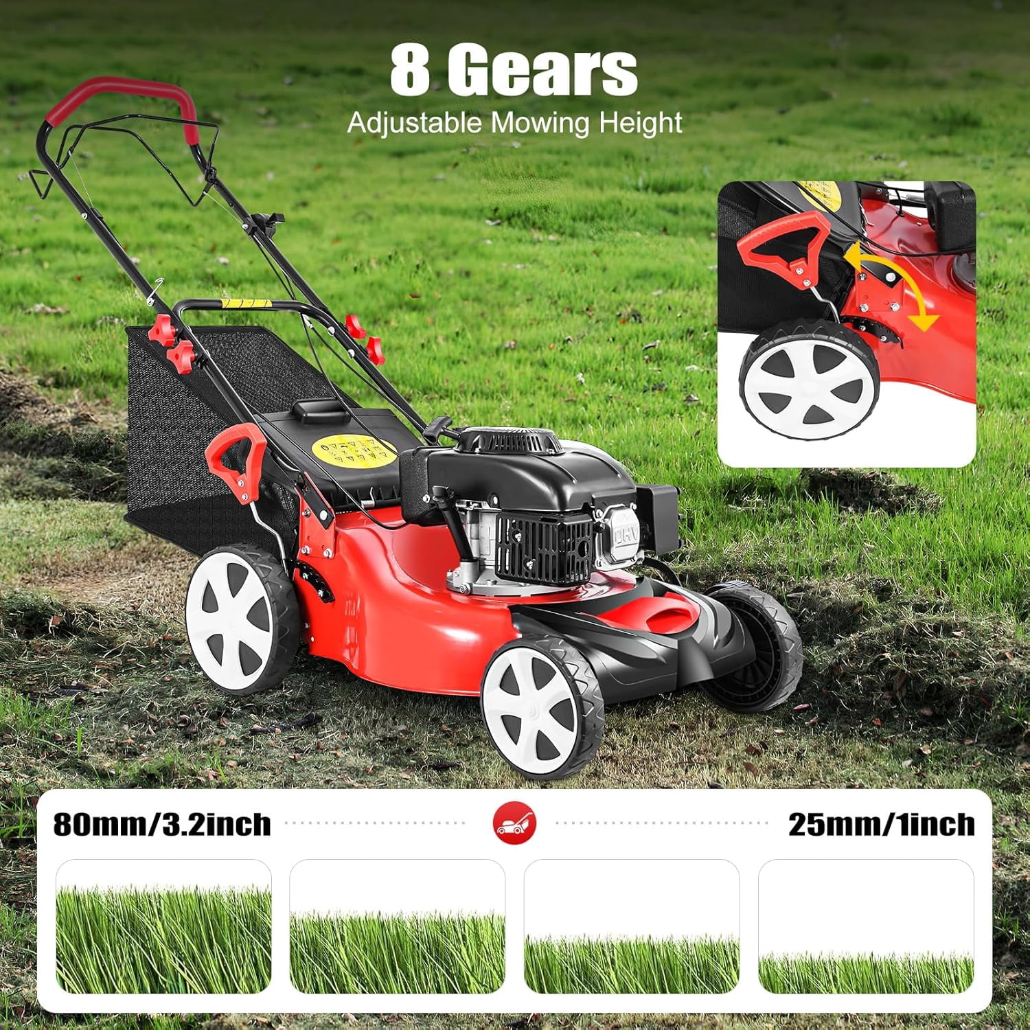 20-Inch Self-Propelled Gas Lawn Mower 140cc 4-Stroke Engine, 3-in-1 Rear Bag/Mulch/Side Discharge, 8-Position Height Adjustment, 60L Grass Bag, Ideal for Lawn Weeding