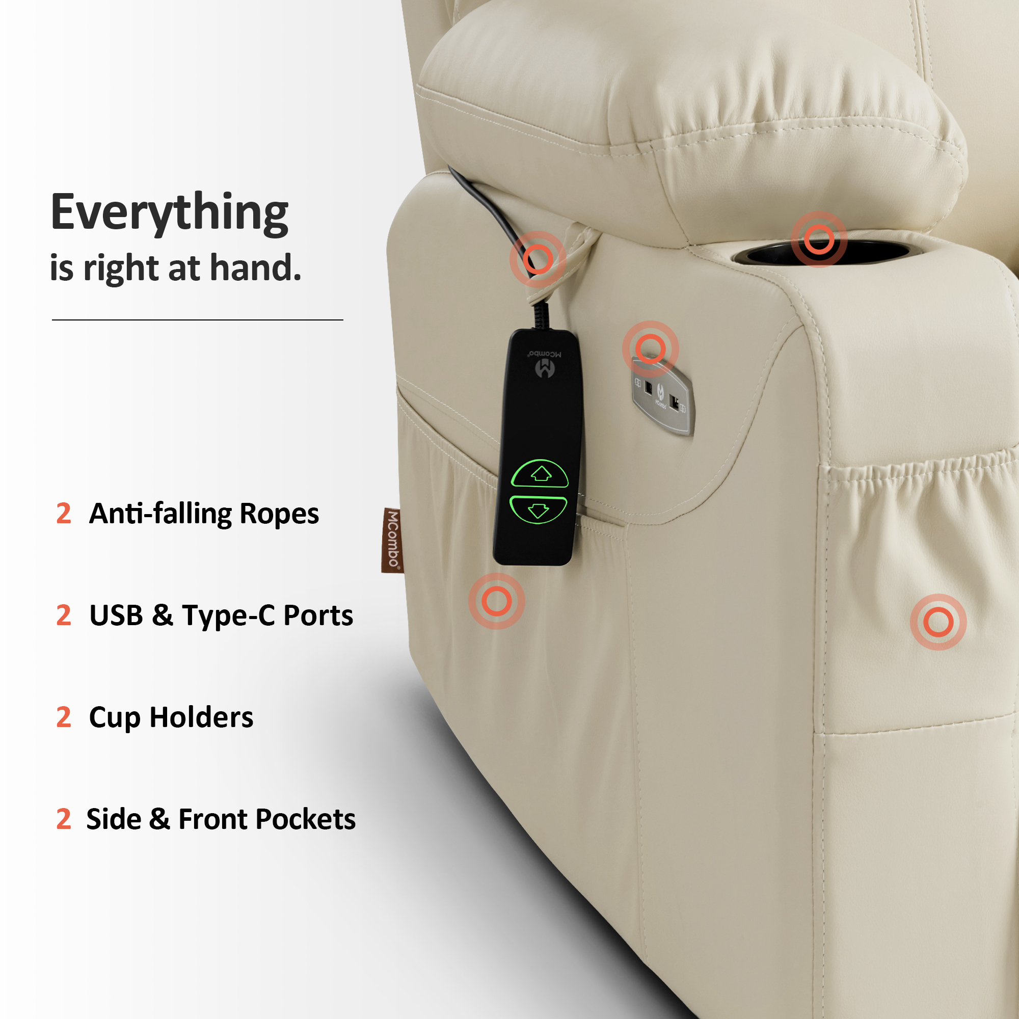 MCombo Electric Power Lift Recliner Chair with Vibration and Heat for Elderly, Faux Leather, Cream White