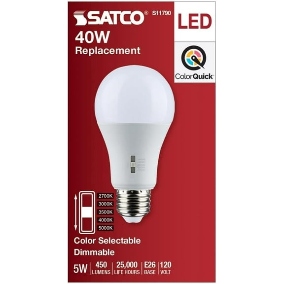 Satco 5W A19 CCT Selectable LED Medium Base Lamp - 5 Watt LED Light Bulb - Multicolor