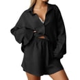 thumbnail image 2 of Short Sets for Women Loose Fit Long Sleeve Button Down Collared Shirt and Shorts 2 Piece Matching Set Womens Lounge Set, 2 of 6