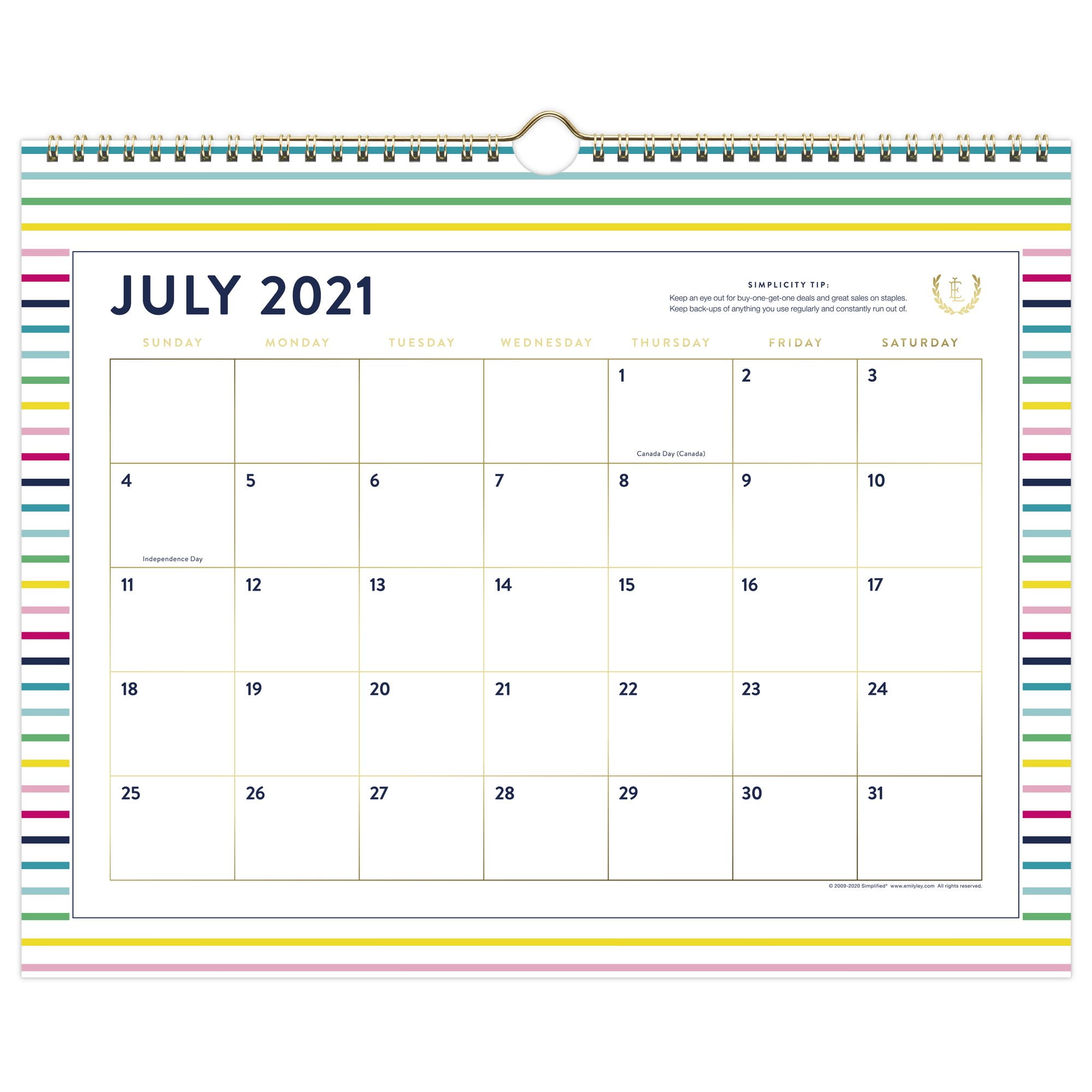 Simplified By Emily Ley For At-A-Glance Thin Happy Stripe Academic Monthly Wall Calendar, 15" X 12", July 2021 To June 2022 - El60-707A-22 - Walmart.com