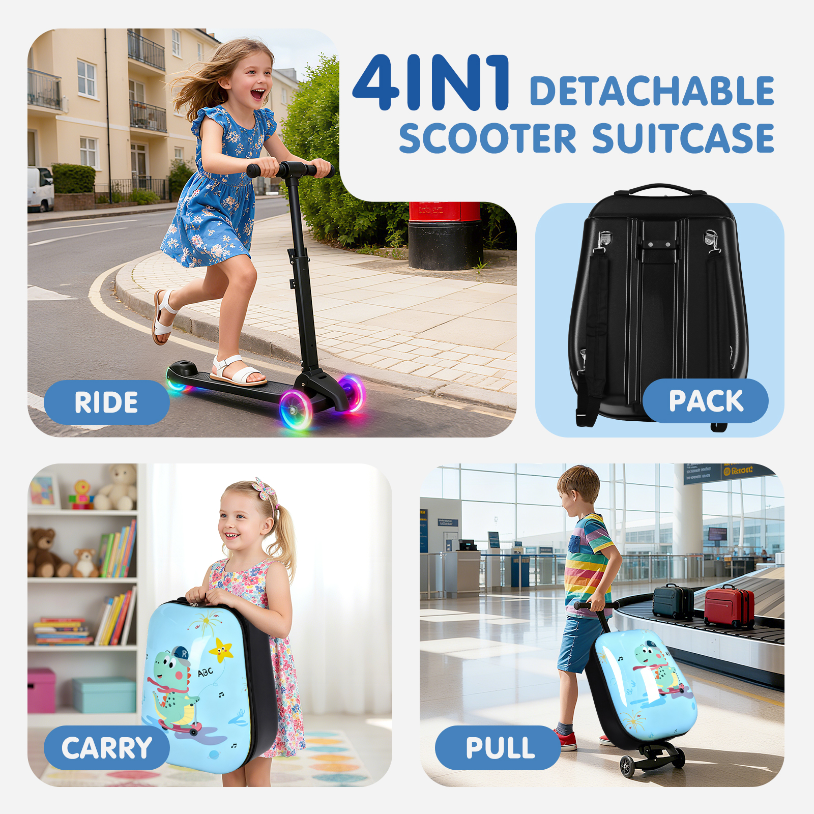 Kids Scooter Suitcase with LED Wheels, Foldable Detachable Ride-On Travel Luggage, Light Blue