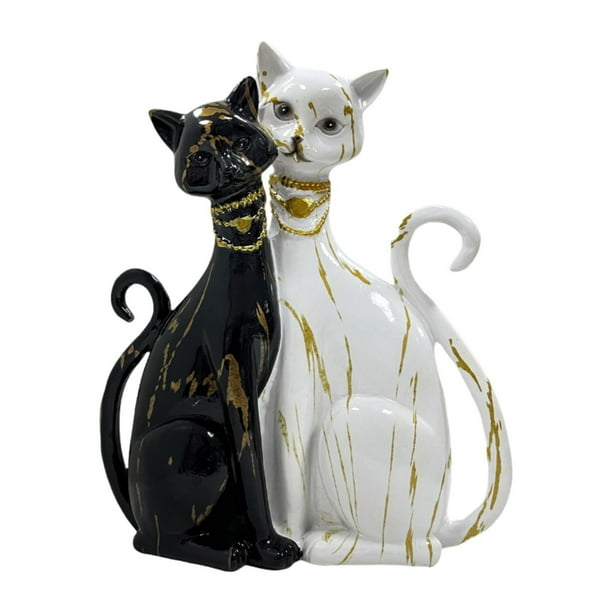 Figuras de pareja de gatos, esculturas de gatos, centros de mesa, estatuas modernas de animales en blanco y negro
