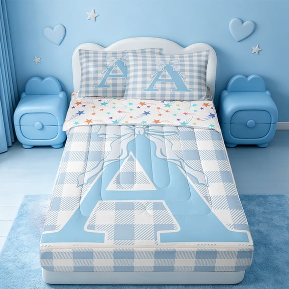 Catabedysis Bowknot ABC Print A Zipper Twin Comforter Sets with Fitted Sheet and 2 Pillowcases,Personalized Monogrammed Gifts Zipper Bedding Set For Girls,Colorful Stars Reversible,4-Piece