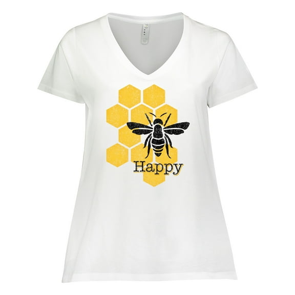Inktastic Honeycomb Bee Happy Women's Plus Size V-Neck T-Shirt