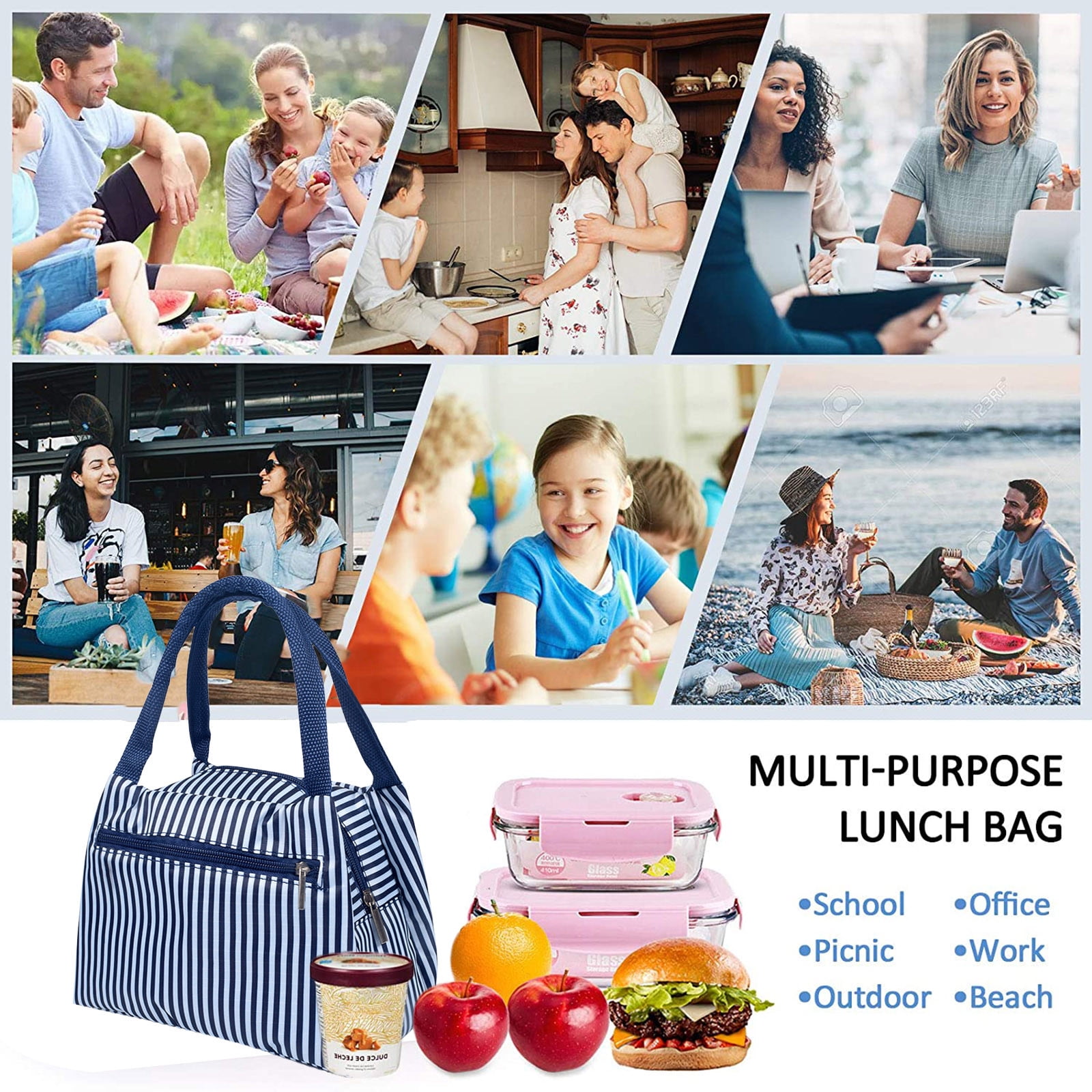 Insulated Lunch Container Thermal Cooler Bag Waterproof Portable Bento Tote for Office School Travel Picnic Aesthetic Style 9X5X11In