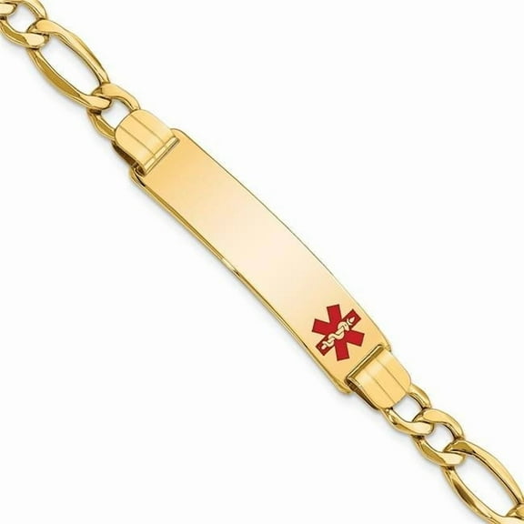 Primal Gold 14 Karat Yellow Gold Semi-Solid Medical Polished Red Enamel Figaro ID Bracelet