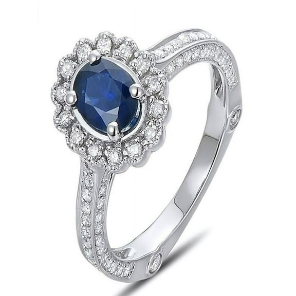 Sale Antique Floral 1 Carat Blue Sapphire and Diamond Engagement Ring for Her in White Gold